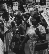 Black and white image of a protest outside of the Supreme Court during the Brown vs. Board of Education hearings