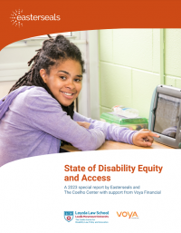 Cover page featuring a girl sitting in front of an iPad, with the title 'State of Disability Equity and Access'.