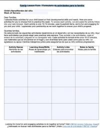 Front Page of Family Lesson Form / Formulario de actividades para la familia 