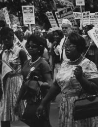 Black and white image of a protest outside of the Supreme Court during the Brown vs. Board of Education hearings