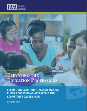  "Cover page titled 'Elevating the Education Professions,' featuring an image of a teacher engaging with students."
