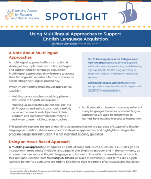  Cover features multilingual approaches for adult English language acquisition, highlighting statewide strategies and examples.
