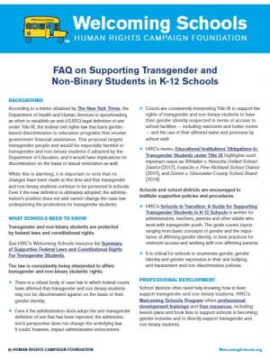 FAQ on Supporting Transgender and Non-Binary Students in K-12 Schools
