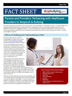 Fact Sheet:  Parents and Providers: Partnering with Healthcare Providers to Respond to Bullying