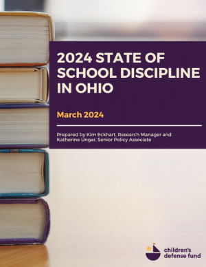 Cover page of the 2024 State of School Discipline in Ohio report, highlighting equity and restorative practices in education.