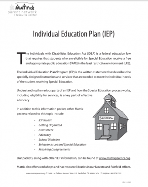 Cover page: IEP under IDEA, includes Special Education rights, services, advocacy resources, with school building image.