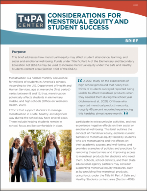 Front Page of Considerations for Menstrual Equity and Student Success 