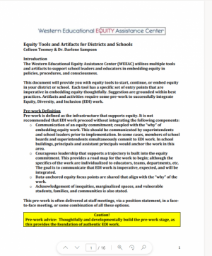 Front Page of Equity Tools and Artifacts for Districts and Schools