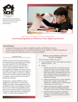 Front Page ofBest Practices in Homeless Education Brief Series: Confirming Eligibility for McKinney-Vento Rights and Services