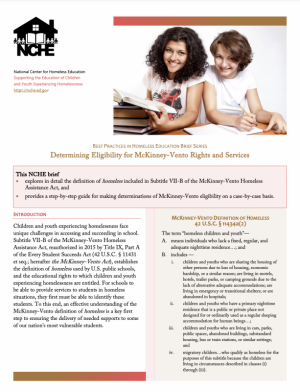 Front Page of BEST PRACTICES IN HOMELESS EDUCATION BRIEF SERIES: Determining Eligibility for McKinney-Vento Rights and Services 