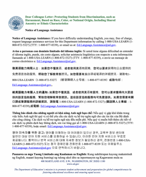 Notice of free language assistance from the U.S. Department of Education in Spanish, Chinese, Vietnamese, Korean, and Filipino